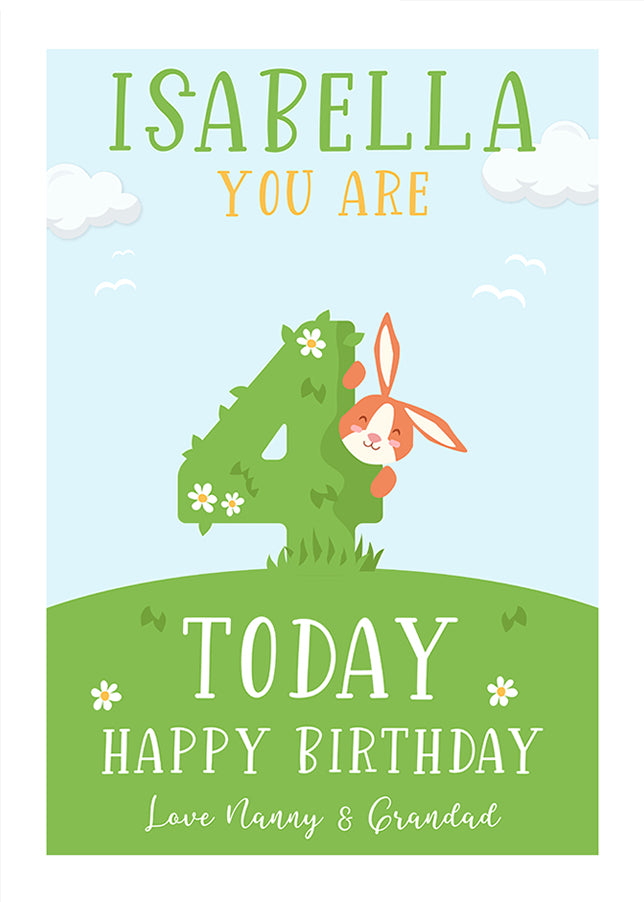 Personalised 4th Birthday Card for Girls (Rabbits)