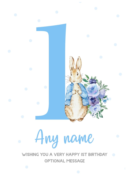 Cute 1st Birthday Card - Blue Bunny Rabbit - Age 1