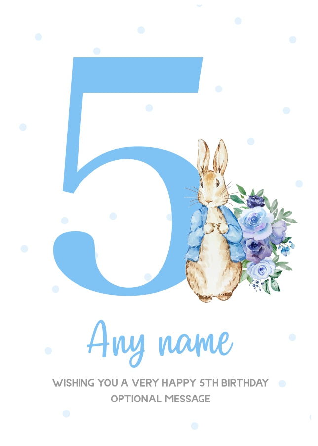 Cute 5th Birthday Card - Blue Bunny Rabbit - Age 5
