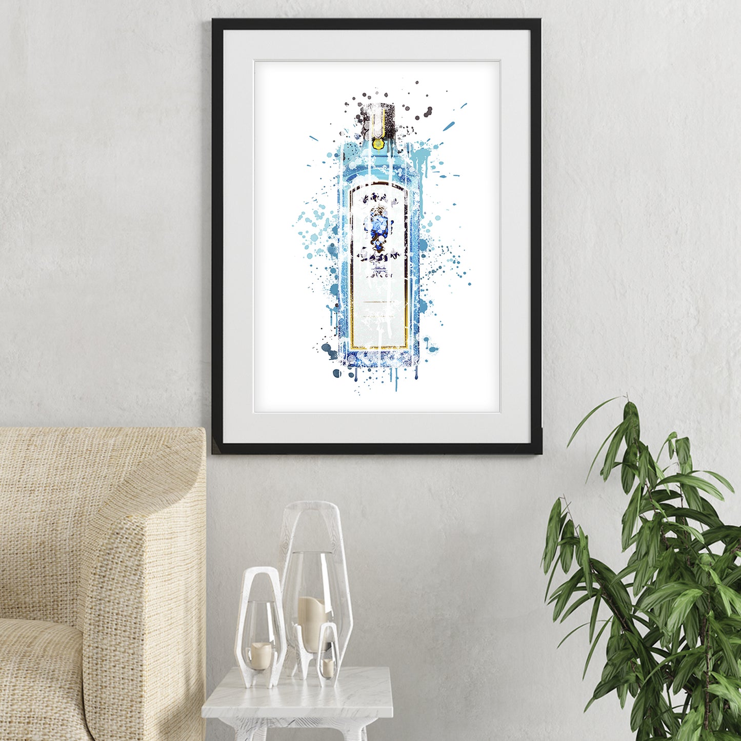 gin bottle wall art shown in a living room