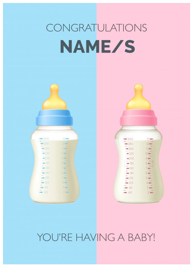 Personalised You're Pregnant Card - Blue and Pink Bottles Card