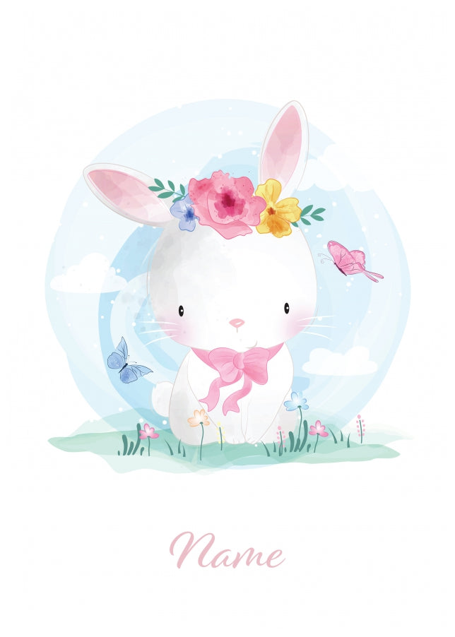 Bunny With Flowers And Butterflies Card