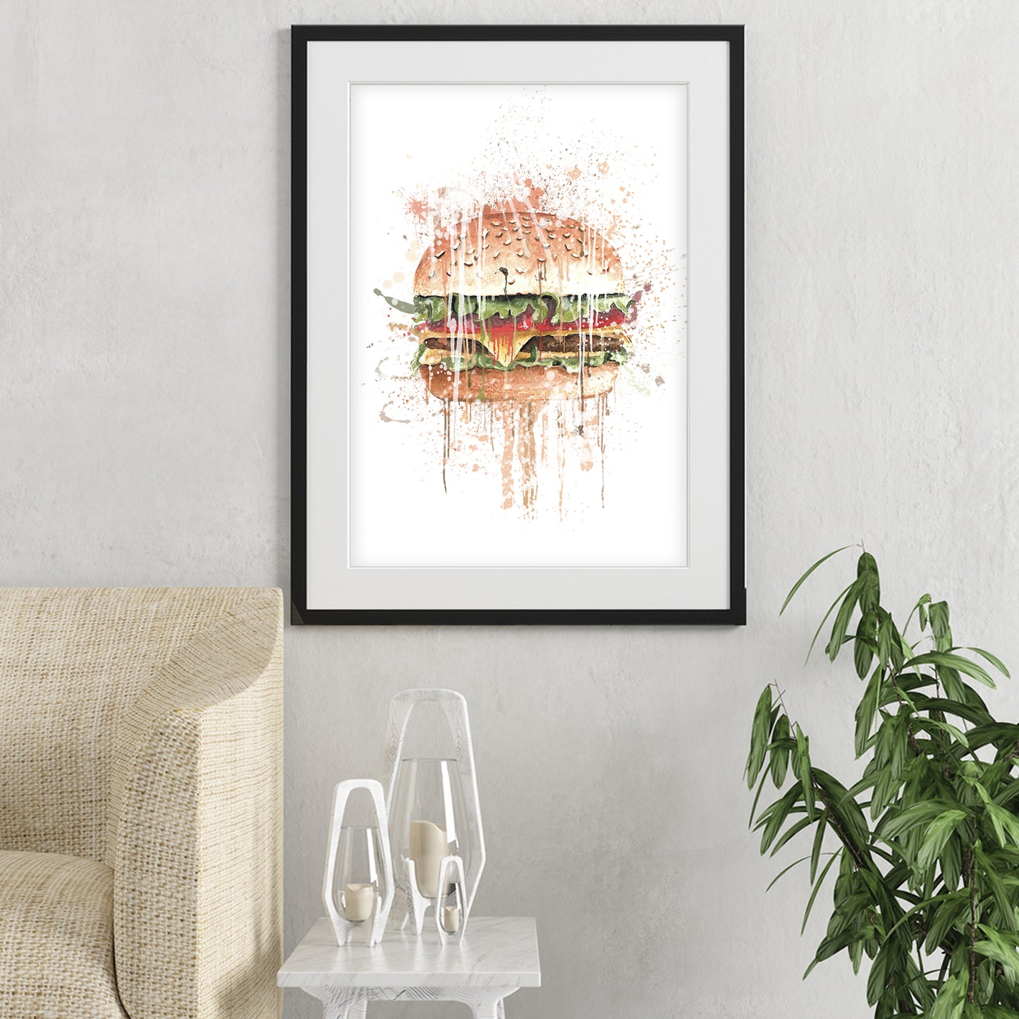 burger wall art shown in a living room