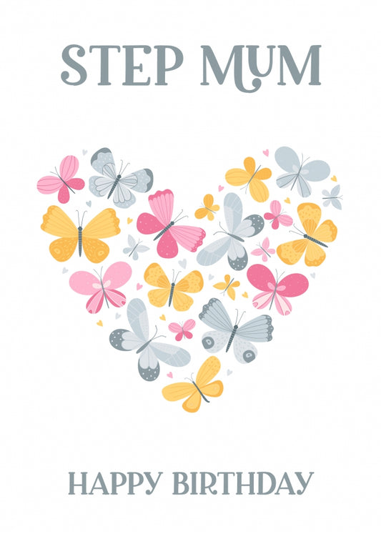 Step Mum Birthday Card - Butterfly Heart