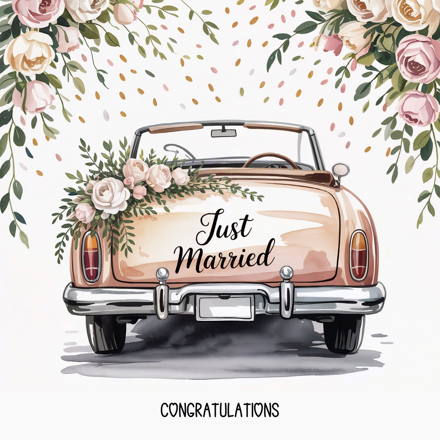Wedding Card for Bride and Groom - Just Married Classic Car