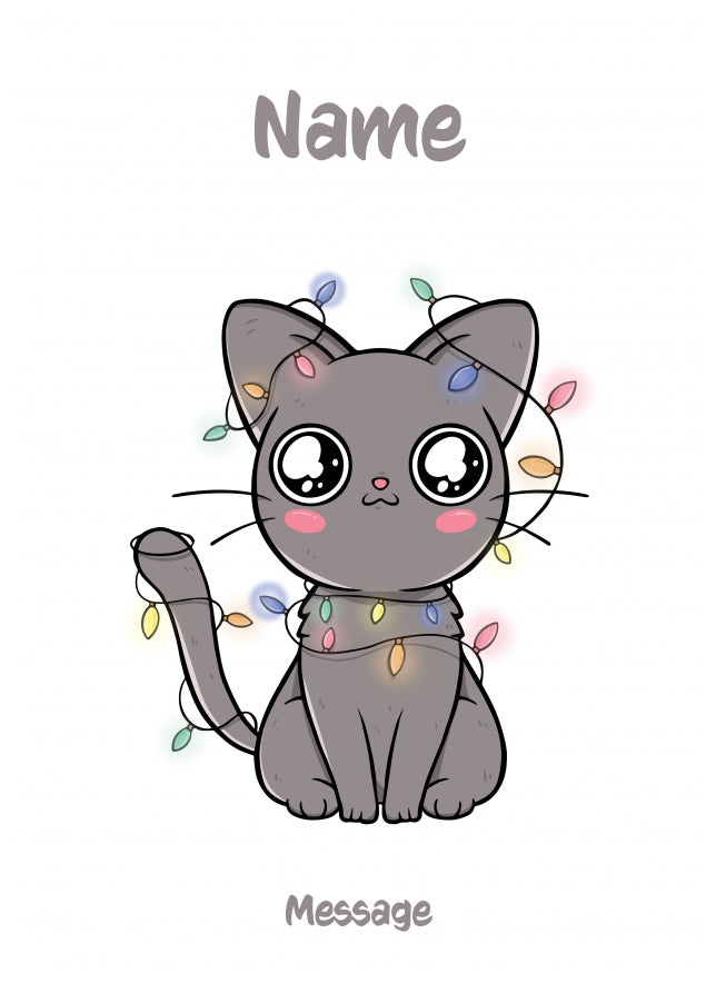 Personalised Cute Cat Tangled in Christmas Lights Card