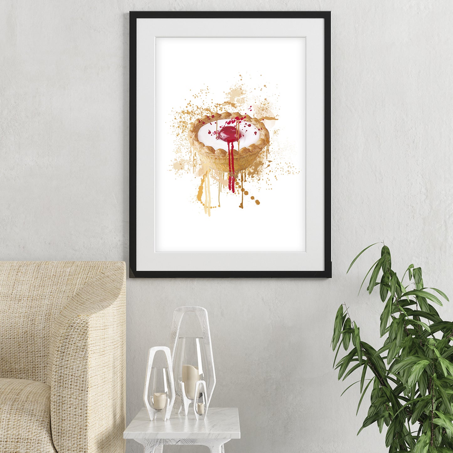 cherry bakewell wall art shown in a living room