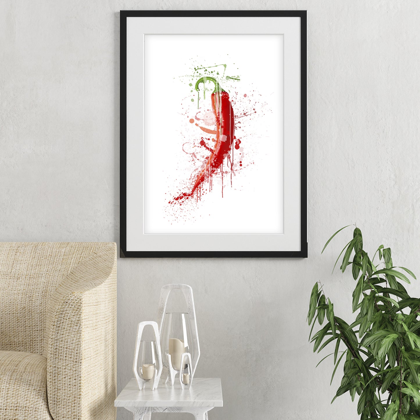 chilli pepper wall art shown in a living room