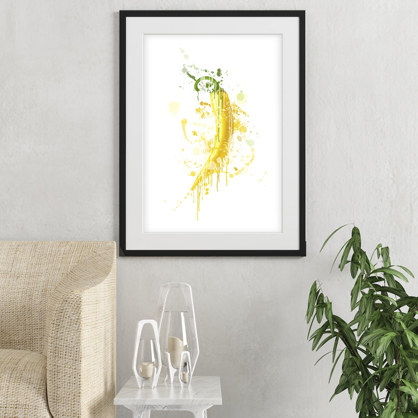 yellow chilli pepper wall art shown in a living room