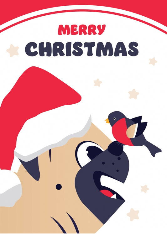 Pug Christmas Card for Her or Him - Dog Mum or Dad Card with Pug and Robin