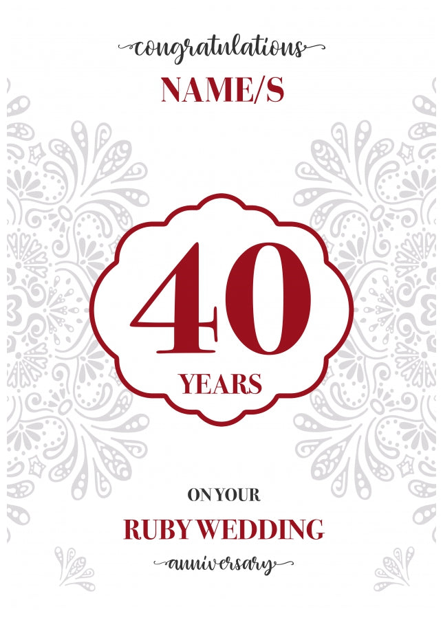 Ruby Wedding Anniversary Card for Husband, Wife or Couple - Design 2