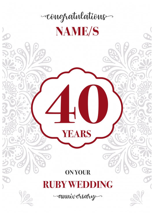 Ruby Wedding Anniversary Card for Husband, Wife or Couple - Design 2