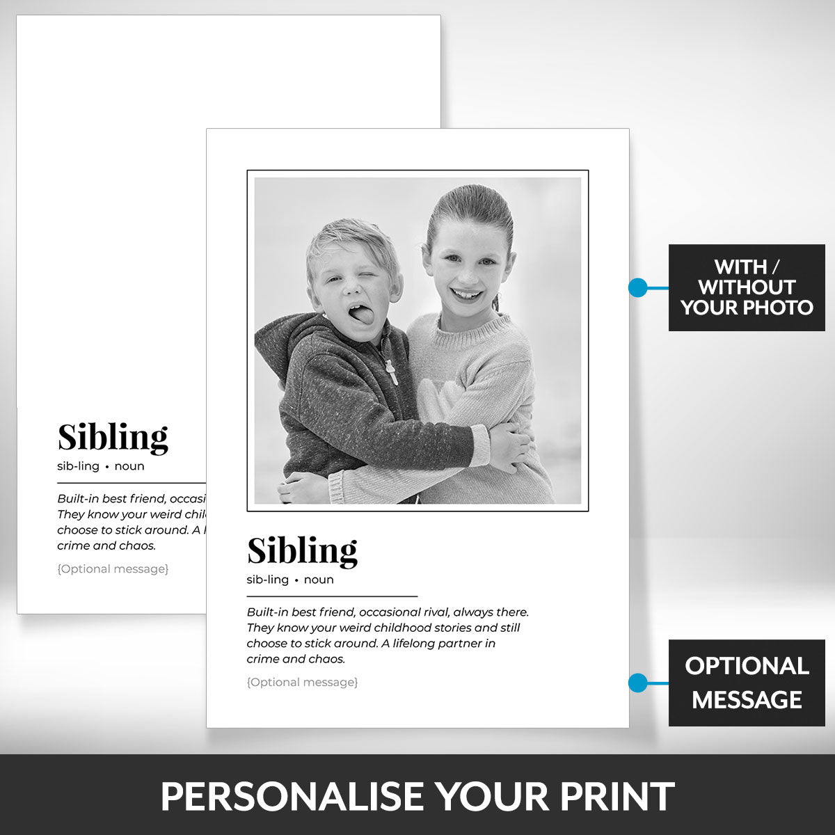 What can be personalised on this sibling photo frame