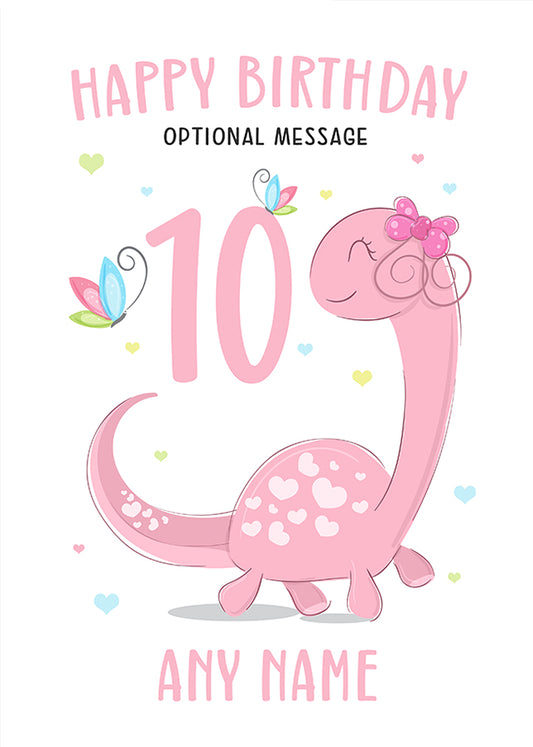 Pink Dinosaur 10th Birthday Card for Girls