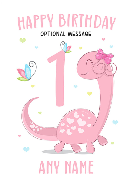 Pink Dinosaur 1st Birthday Card for Girls