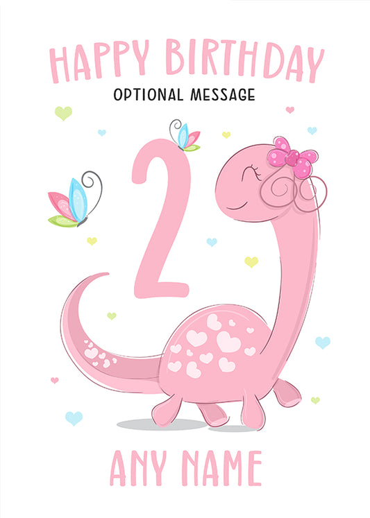 Pink Dinosaur 2nd Birthday Card for Girls