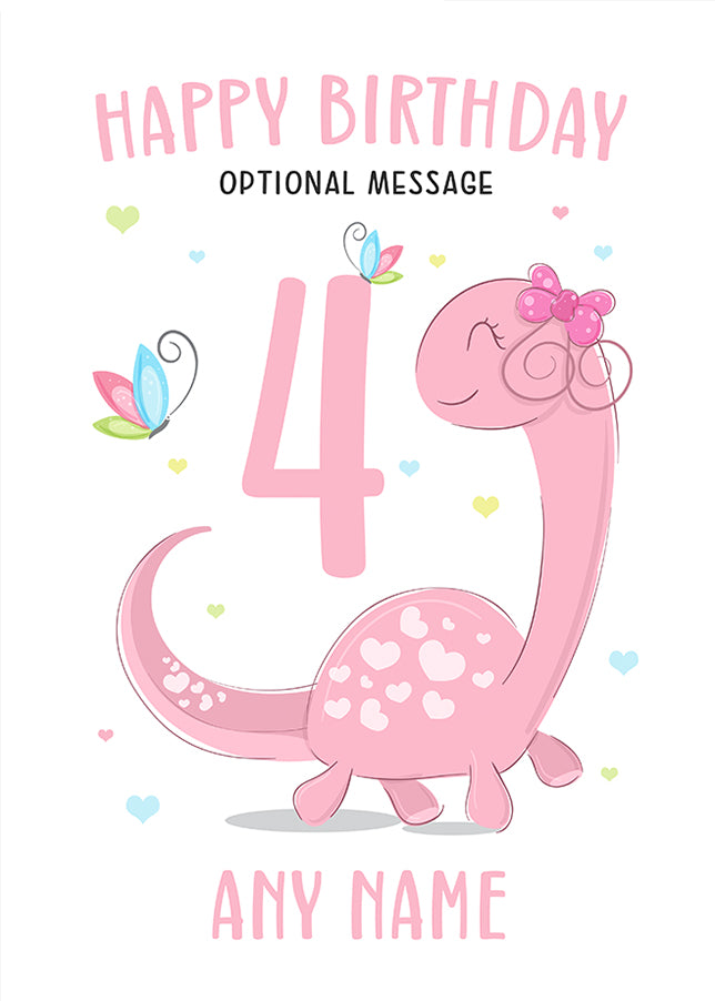 Pink Dinosaur 4th Birthday Card for Girls