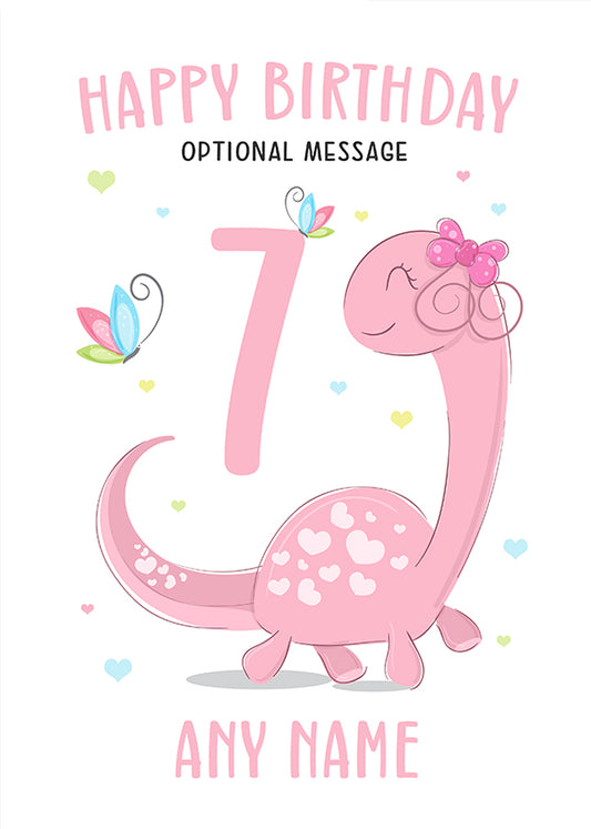 Pink Dinosaur 7th Birthday Card for Girls