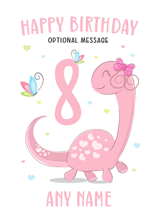 Pink Dinosaur 8th Birthday Card for Girls