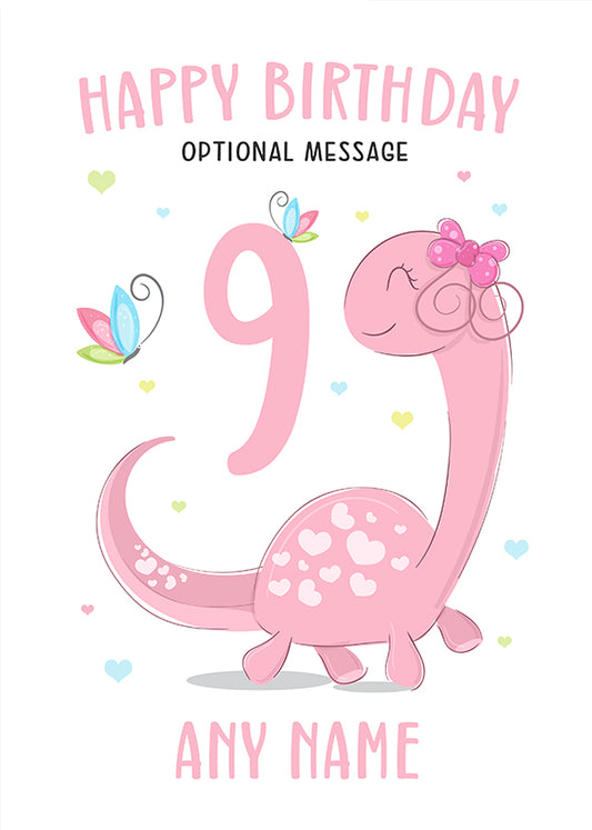 Pink Dinosaur 9th Birthday Card for Girls