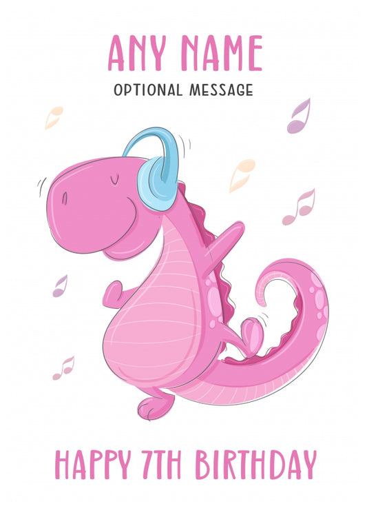 7th Birthday Card for Any Name - Dinosaur with Headphones