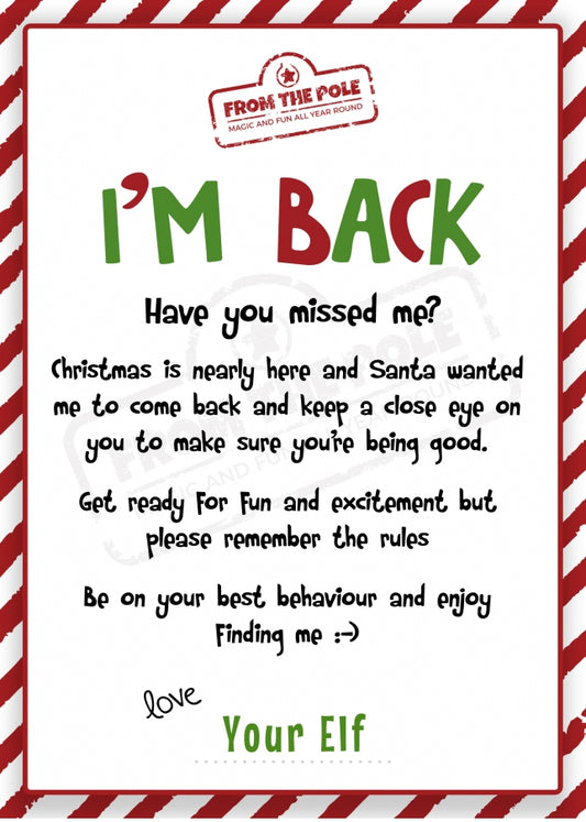 Elf I'm Back Letter - Christmas Elf Arrival Card and Welcome Letter