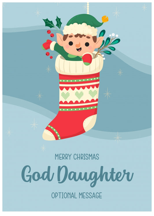 Merry Christmas Card for God Daughter - Elf Stocking