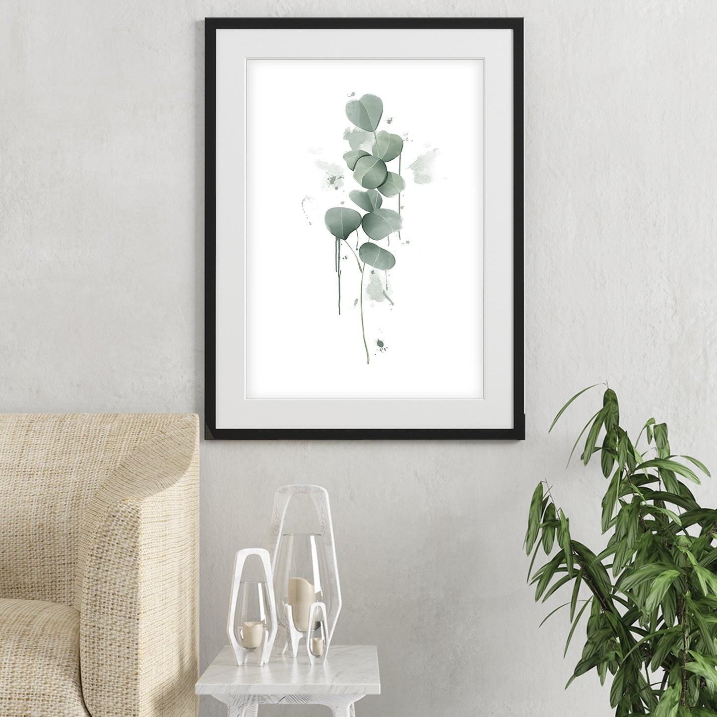 eucalyptus wall art shown in a living room