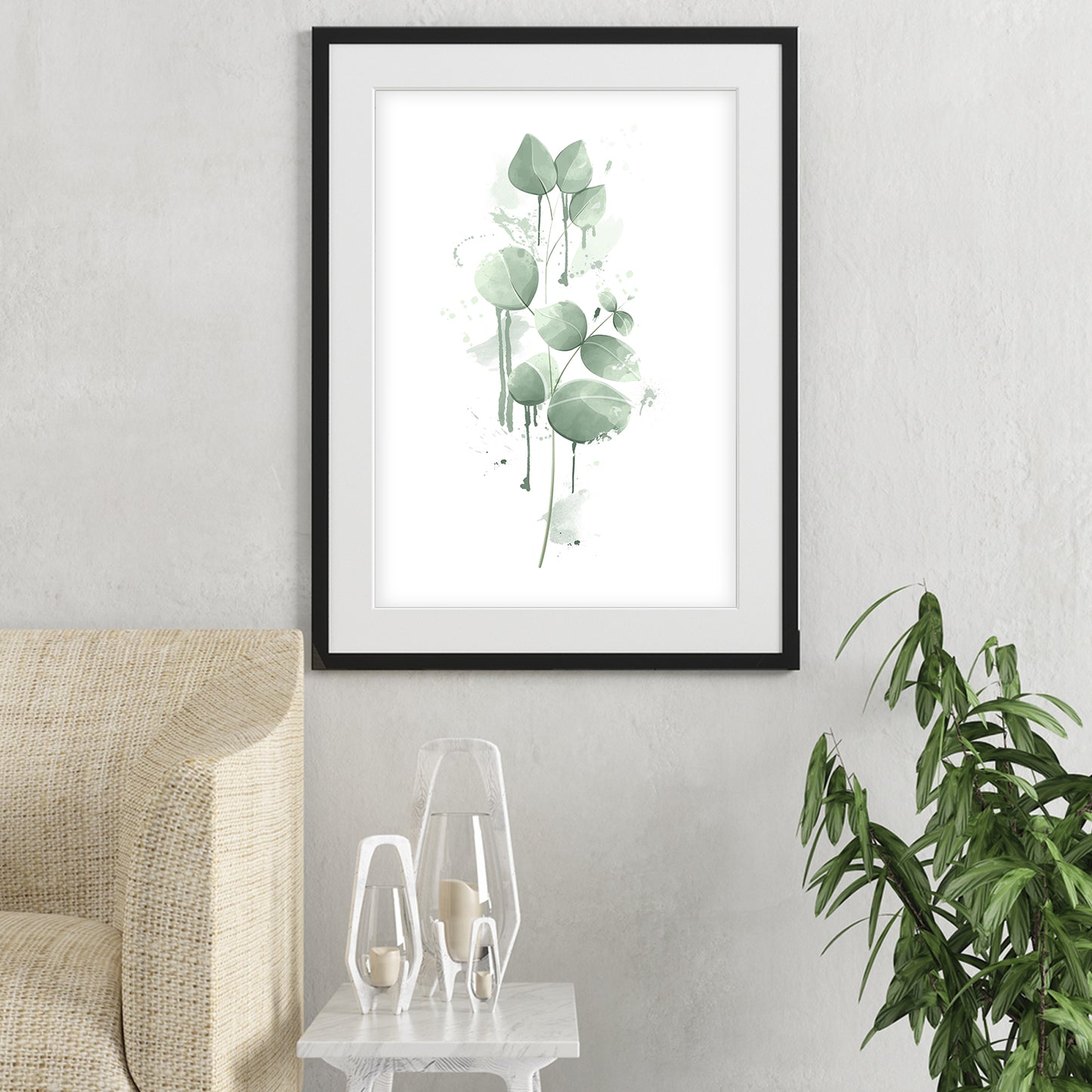 eucalyptus wall art shown in a living room