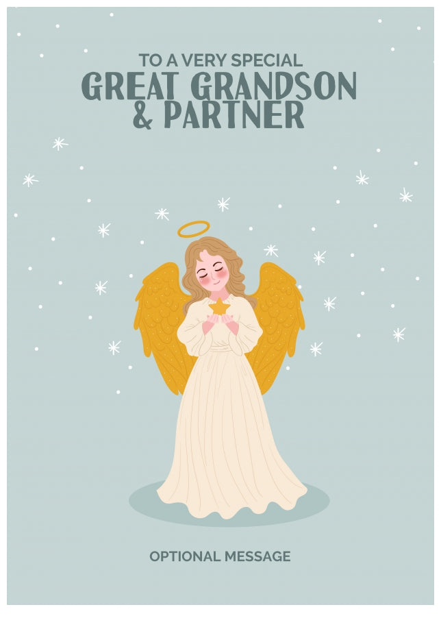 Festive Angel Christmas Card for Great Grandson & Partner - Traditional Cards