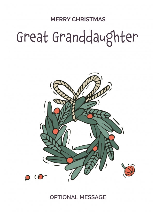 Personalised Xmas Card for Great Granddaughter - Festive Wreath