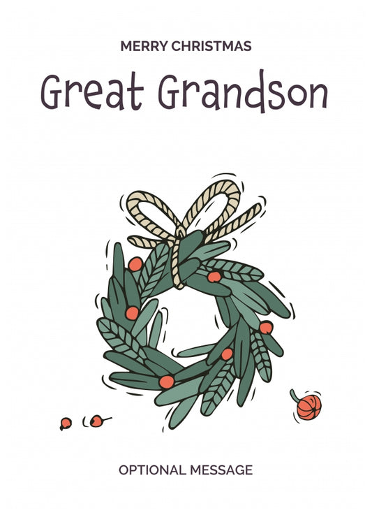 Personalised Xmas Card for Great Grandson - Festive Wreath