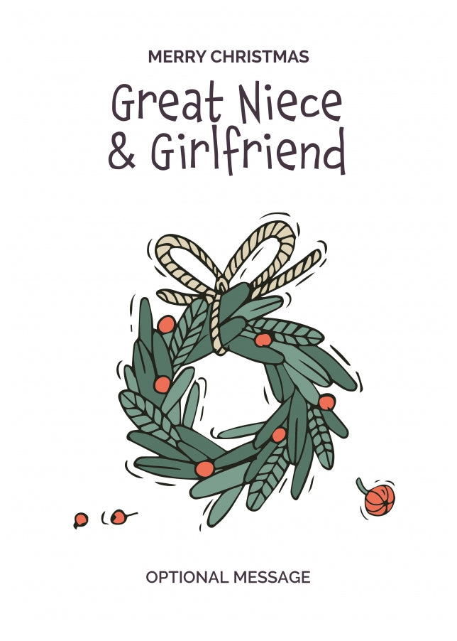 Personalised Xmas Card for Great Niece & Girlfriend - Festive Wreath