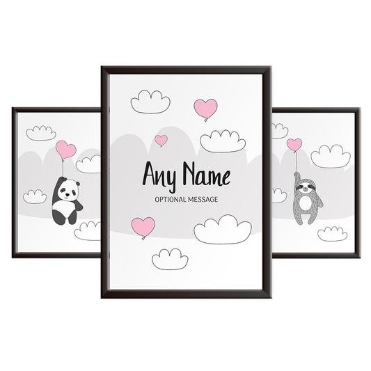 Personalised Floating Panda and Sloth Wall Art Print Set