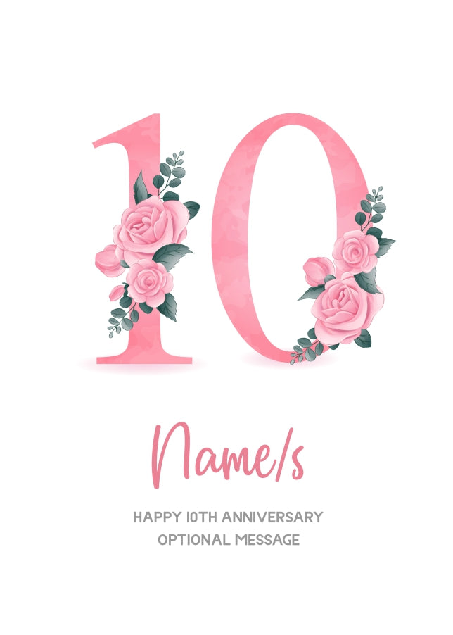 10th Anniversary Card for Wife Husband - Floral Number 10