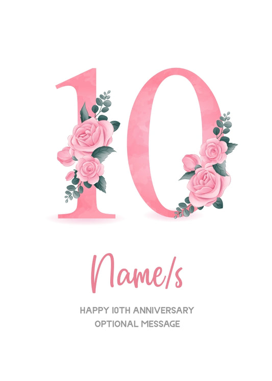 10th Anniversary Card for Wife Husband - Floral Number 10