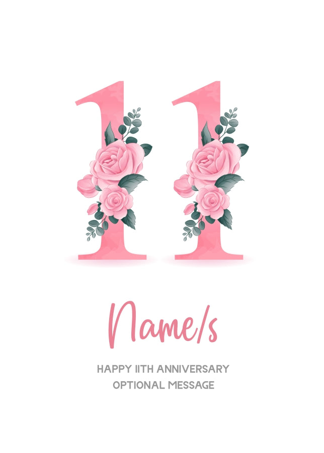 11th Anniversary Card for Wife Husband - Floral Number 11