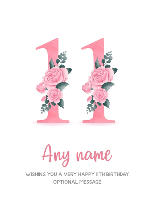 Personalised 11th Birthday Card for Girl - Floral Greeting Cards