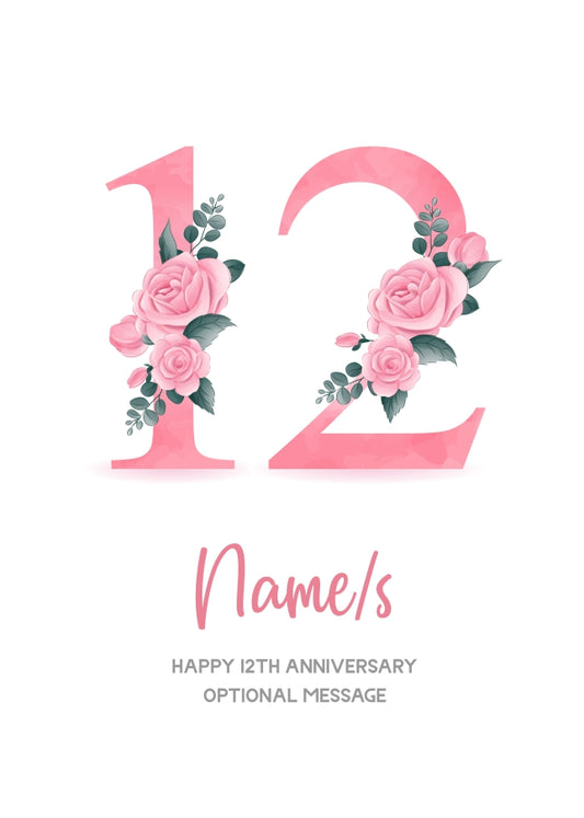 12th Anniversary Card for Wife Husband - Floral Number 12