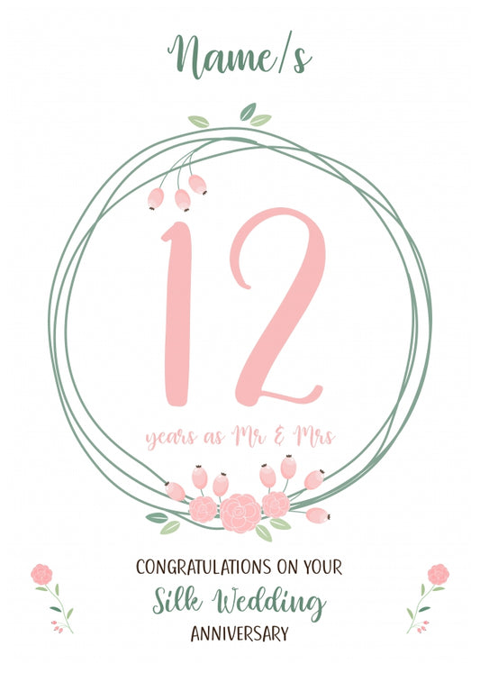 Couples 12th Wedding Anniversary Card - Twelfth / Silk - Floral