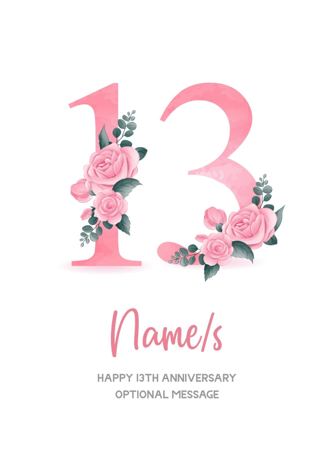 13th Anniversary Card for Wife Husband - Floral Number 13