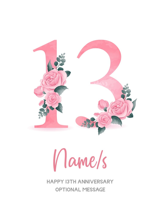 13th Anniversary Card for Wife Husband - Floral Number 13
