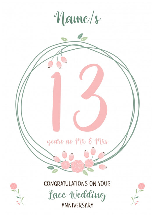 Couples 13th Wedding Anniversary Card - Thirteenth Lace - Floral