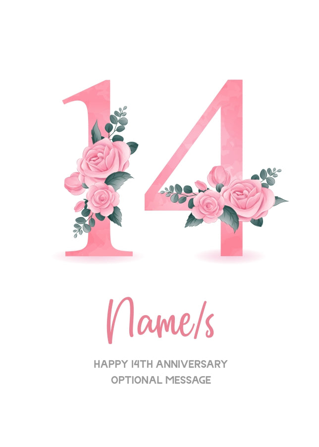 14th Anniversary Card for Wife Husband - Floral Number 14
