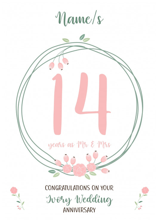 Couples 14th Wedding Anniversary Card - Fourteenth / Ivory - Floral