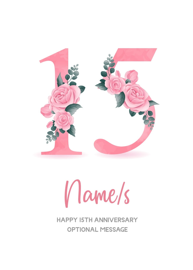 15th Anniversary Card for Wife Husband - Floral Number 15