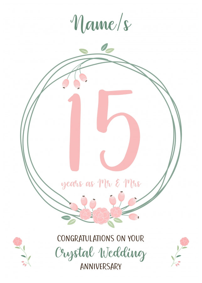 Couples 15th Wedding Anniversary Card - Crystal - Floral