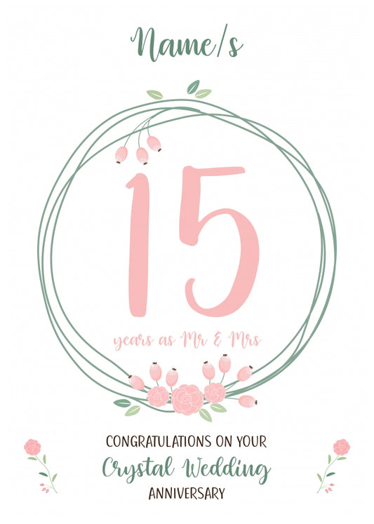 Couples 15th Wedding Anniversary Card - Crystal - Floral