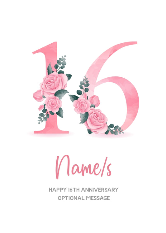16th Anniversary Card for Wife Husband - Floral Number 16