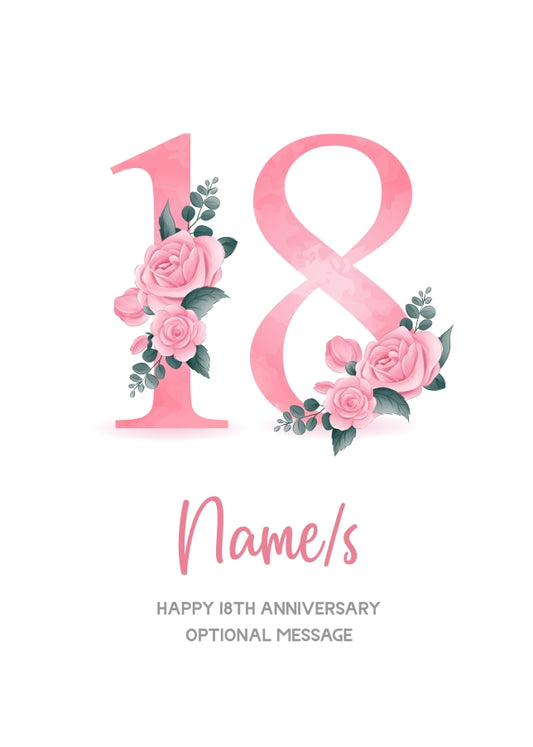 18th Anniversary Card for Wife Husband - Floral Number 18